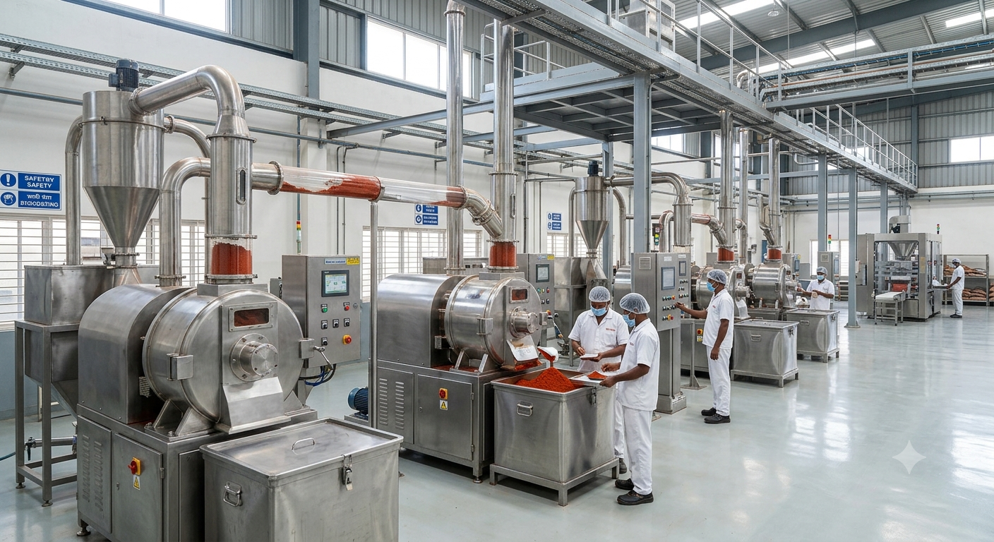 Spice powder suppliers processing chilli in a commercial facility